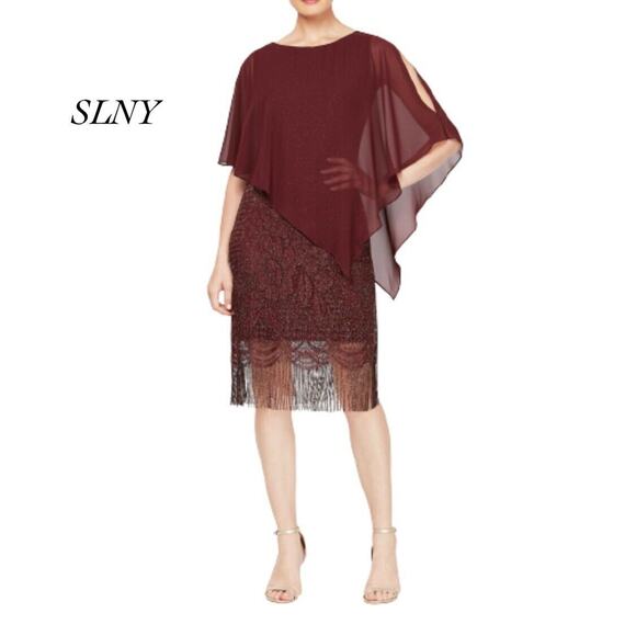 SLNY Burgundy Gold Lace Fringe Dress Attached Chiffon Cape NWOT Size 6 - Picture 1 of 9
